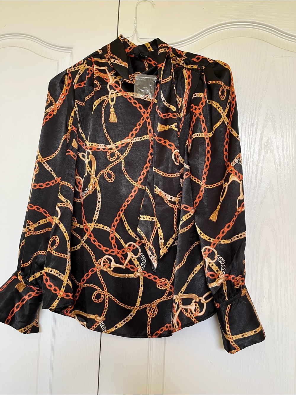 Worthington Black Satin Blouse with Gold & Rust Chain Print
